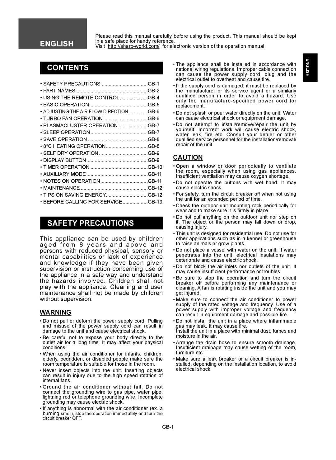 Sharp AE-X12RMR, AY-XP12RMR, AY-XP9RMR, AE-X9RMR operation manual Contents, Safety Precautions 