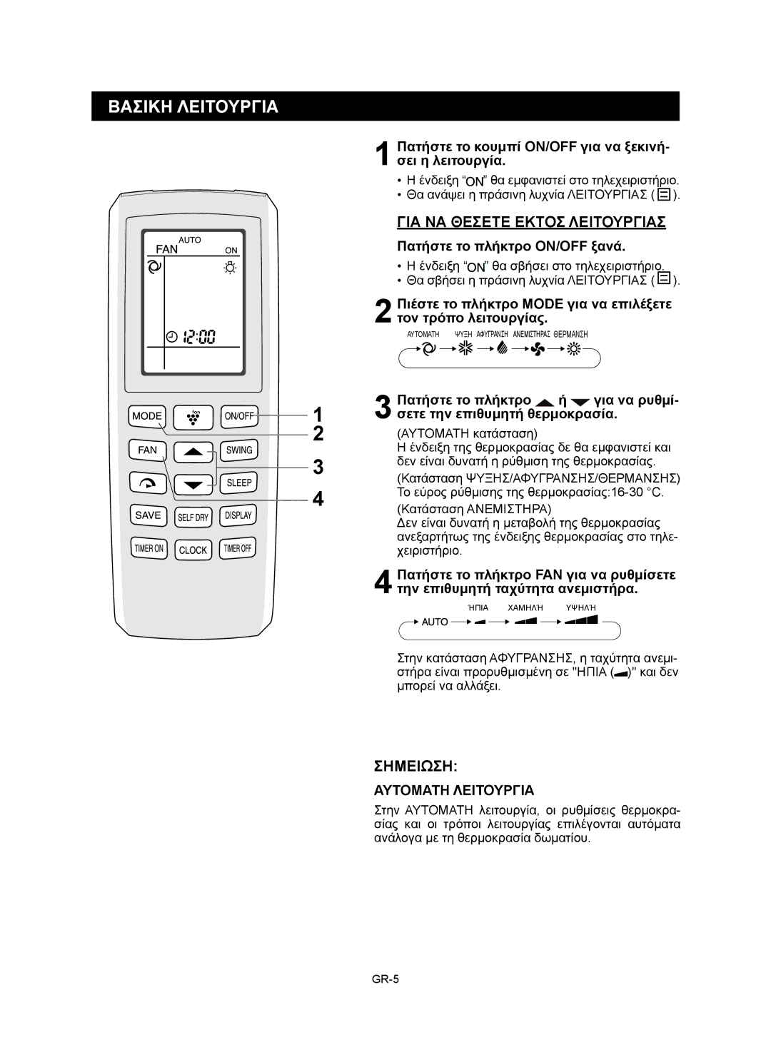 Sharp AE-X12RMR Βασικη Λειτουργια, ΓΙΑ ΝΑ Θεσετε Εκτοσ Λειτουργιασ, Πατήστε το πλήκτρο ON/OFF ξανά, Αυτοματη Λειτουργια 