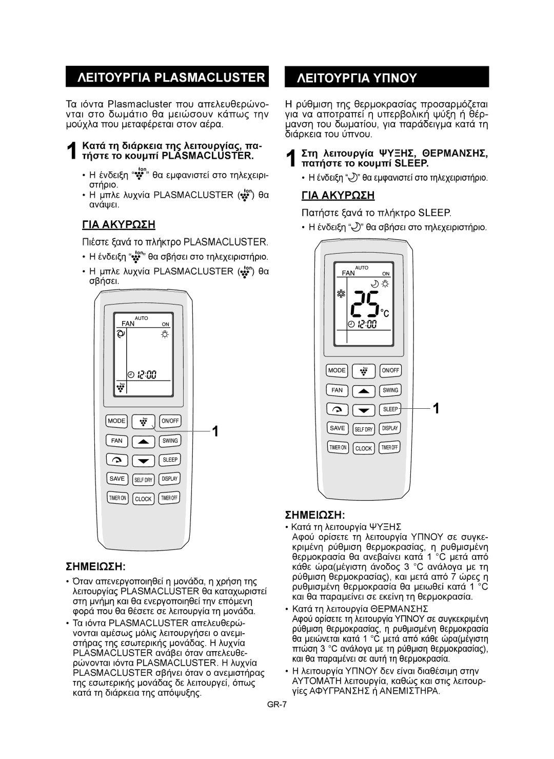 Sharp AY-XP9RMR, AY-XP12RMR, AE-X9RMR Λειτουργια Plasmacluster, Λειτουργια Υπνου, Πιέστε ξανά το πλήκτρο Plasmacluster 