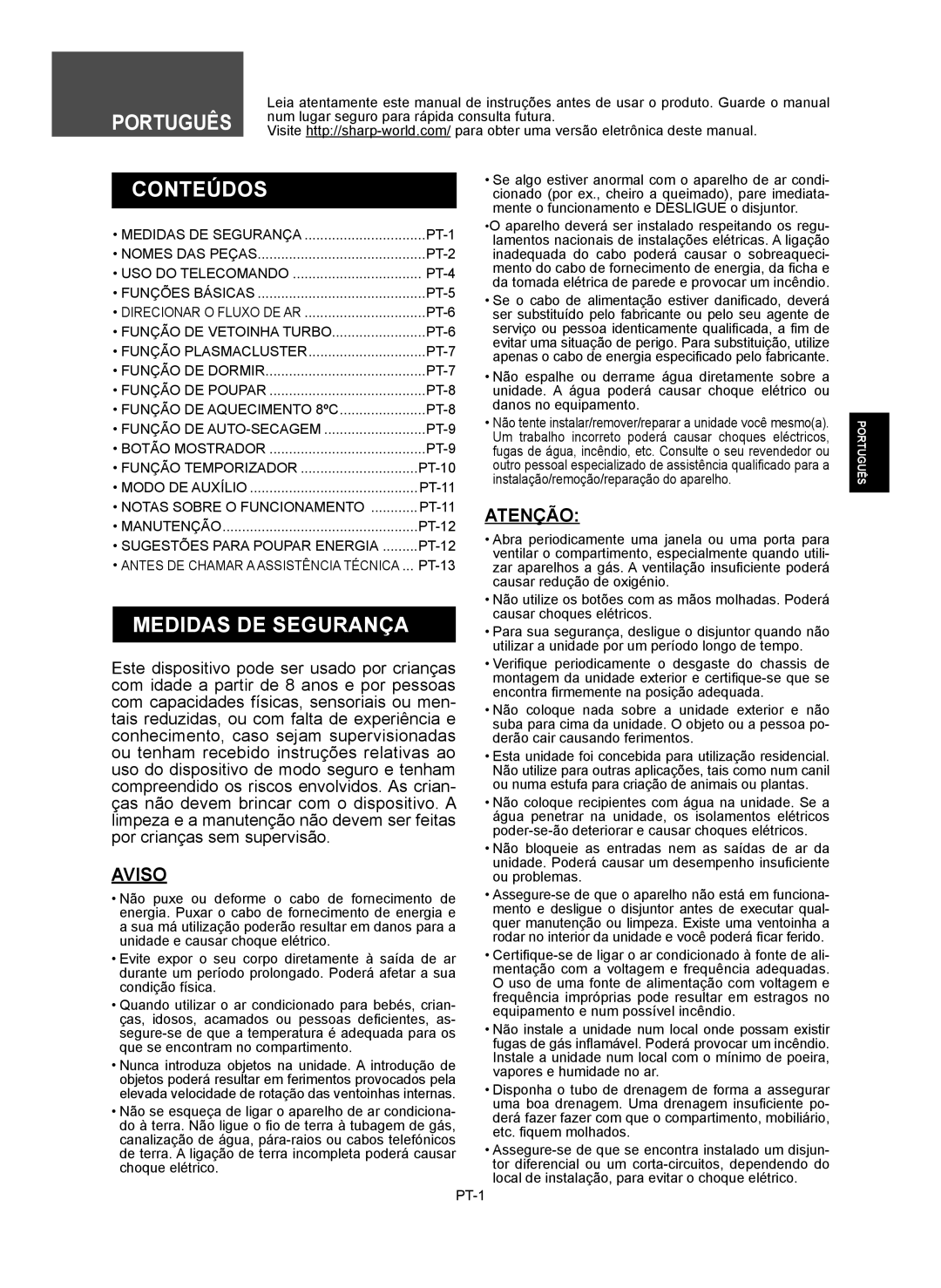 Sharp AY-XP9RMR, AY-XP12RMR, AE-X9RMR, AE-X12RMR operation manual Conteúdos, Medidas DE Segurança, Atenção, Aviso 