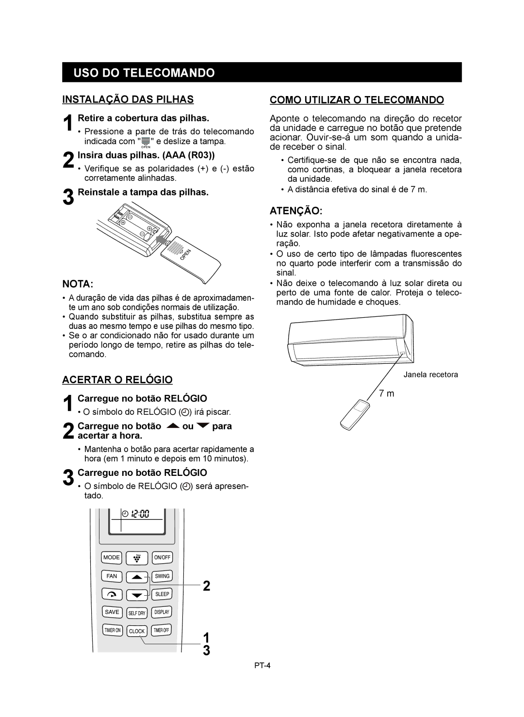 Sharp AY-XP12RMR, AY-XP9RMR USO do Telecomando, Instalação DAS Pilhas, Acertar O Relógio, Como Utilizar O Telecomando 