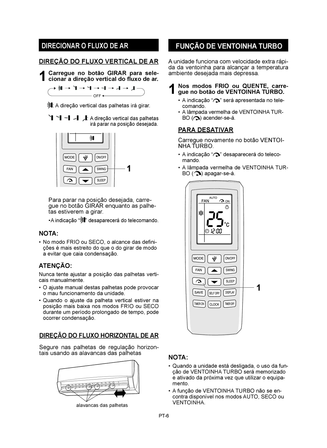 Sharp AE-X9RMR, AY-XP12RMR, AY-XP9RMR Direcionar O Fluxo DE AR, Função DE Ventoinha Turbo, Direção do Fluxo Vertical DE AR 