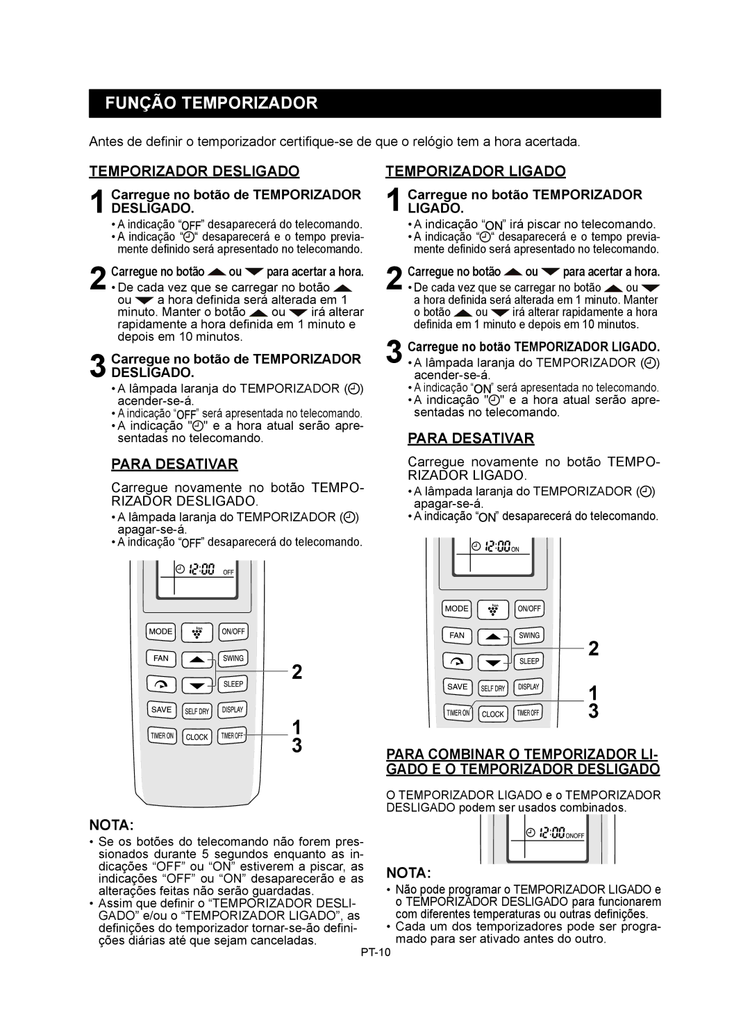 Sharp AE-X9RMR, AY-XP12RMR, AY-XP9RMR, AE-X12RMR Função Temporizador, Temporizador Desligado, Temporizador Ligado 