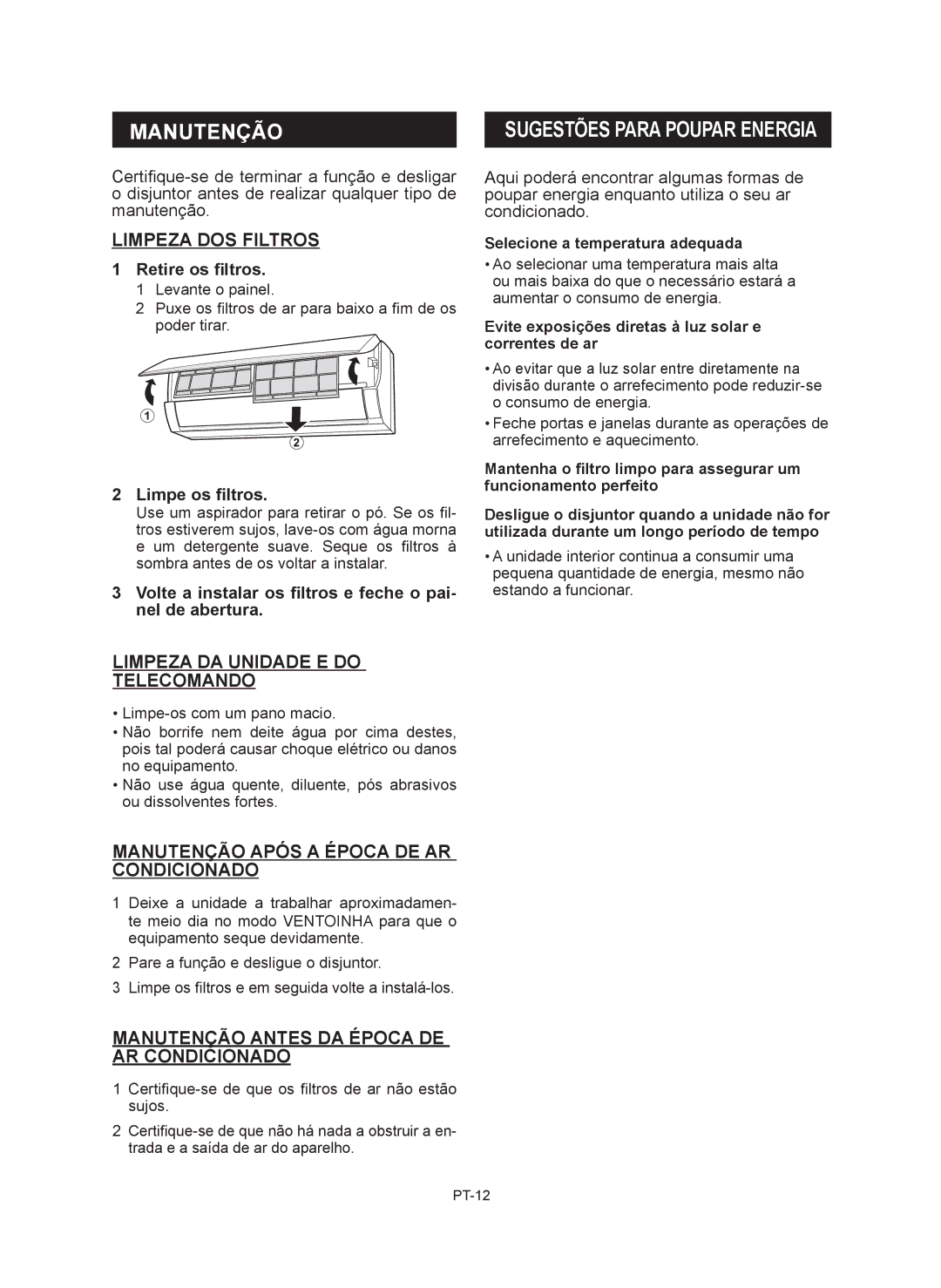 Sharp AY-XP12RMR, AY-XP9RMR, AE-X9RMR, AE-X12RMR Manutenção, Limpeza DOS Filtros, Limpeza DA Unidade E do Telecomando 