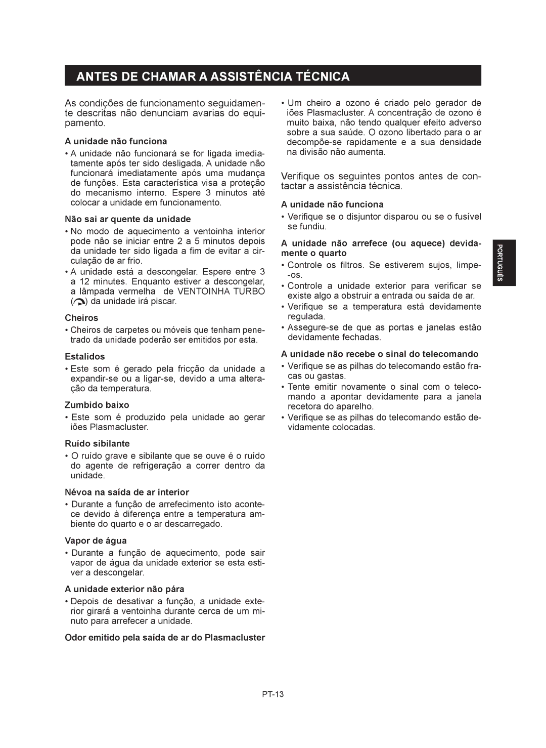 Sharp AY-XP9RMR, AY-XP12RMR, AE-X9RMR, AE-X12RMR operation manual Antes DE Chamar a Assistência Técnica 