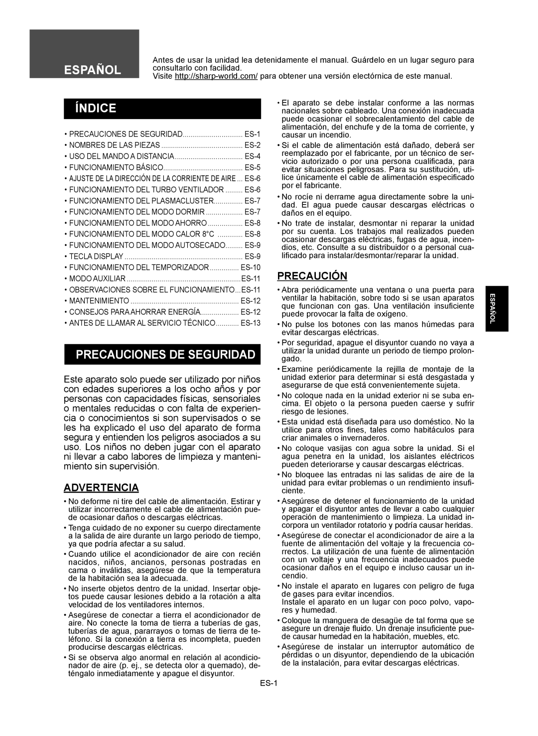 Sharp AE-X12RMR, AY-XP12RMR, AY-XP9RMR, AE-X9RMR operation manual Español, Índice, Precaución, Advertencia 