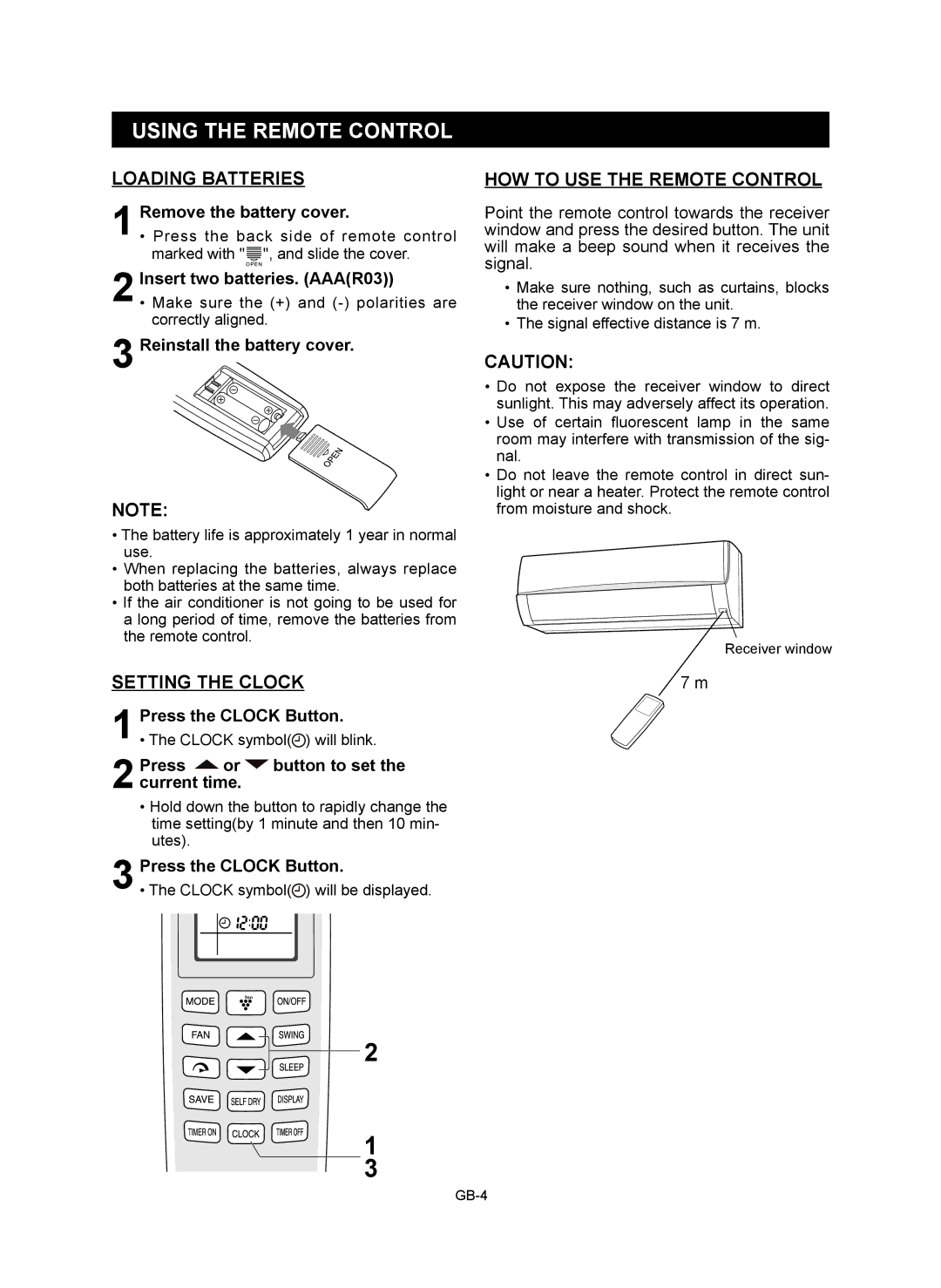 Sharp AE-X9RMR, AY-XP12RMR Using the Remote Control, Loading Batteries, Setting the Clock, HOW to USE the Remote Control 