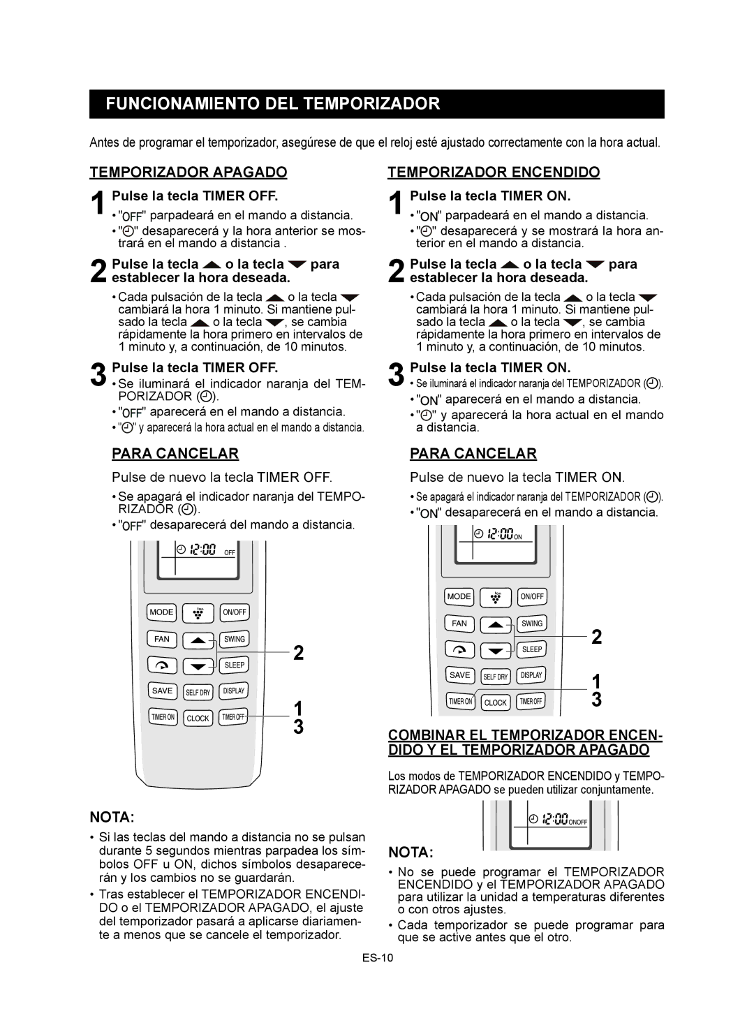 Sharp AY-XP12RMR, AY-XP9RMR, AE-X9RMR Funcionamiento DEL Temporizador, Temporizador Apagado, Temporizador Encendido 