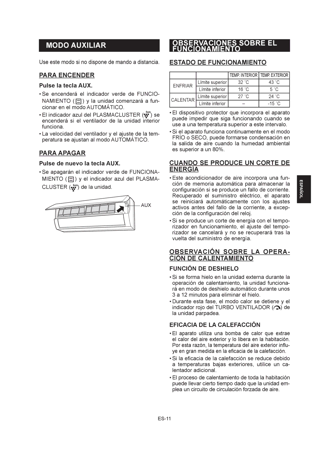 Sharp AY-XP9RMR, AY-XP12RMR, AE-X9RMR, AE-X12RMR operation manual Modo Auxiliar, Observaciones Sobre EL Funcionamiento 