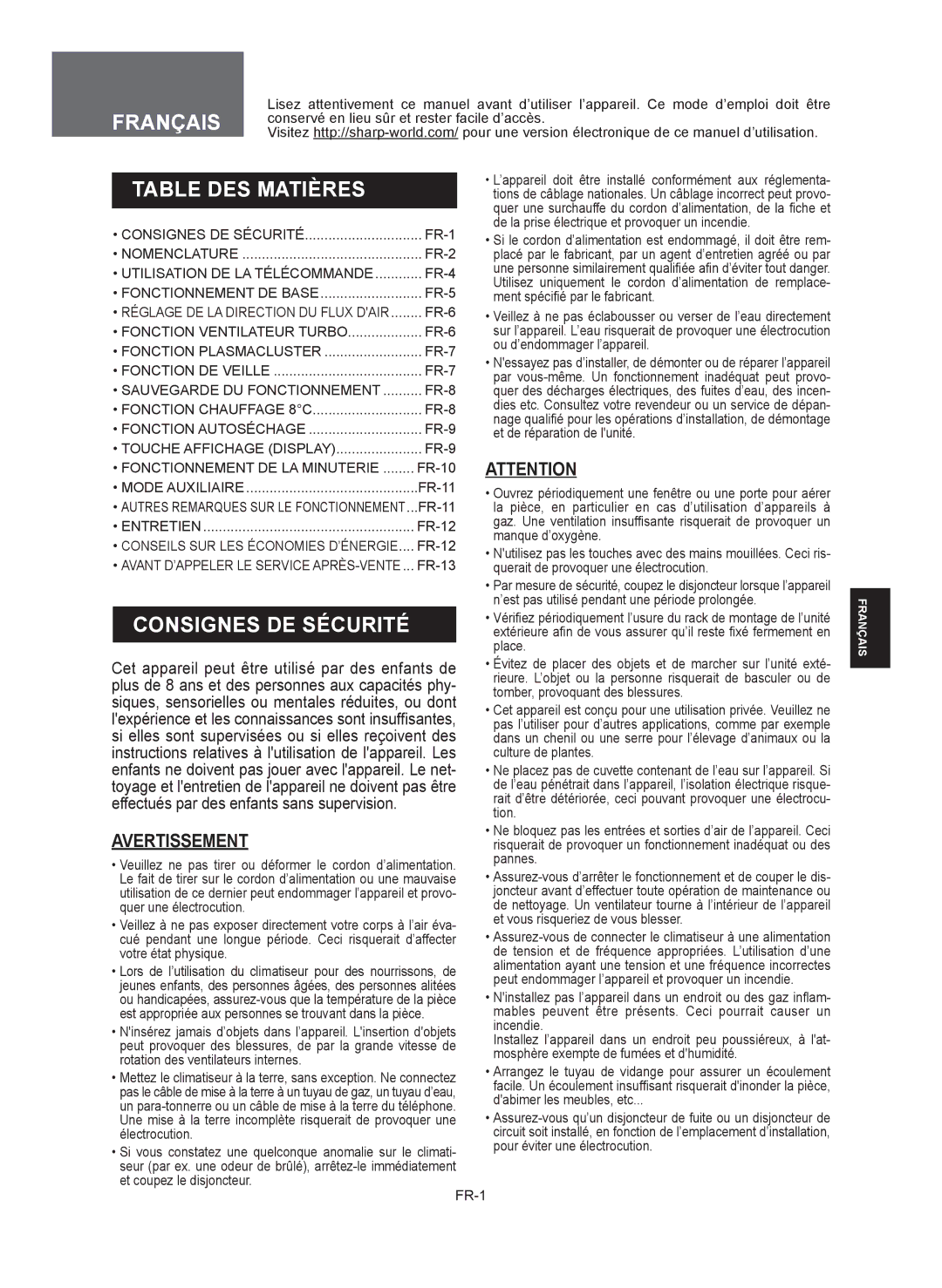 Sharp AY-XP9RMR, AY-XP12RMR, AE-X9RMR, AE-X12RMR operation manual Table DES Matières, Consignes DE Sécurité, Avertissement 