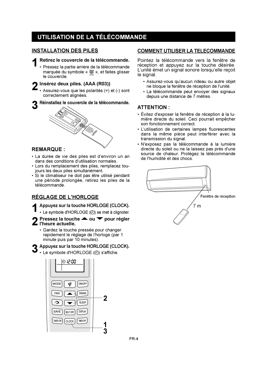 Sharp AY-XP12RMR, AY-XP9RMR, AE-X9RMR, AE-X12RMR Utilisation DE LA Télécommande, Installation DES Piles, Réglage DE Lhorloge 