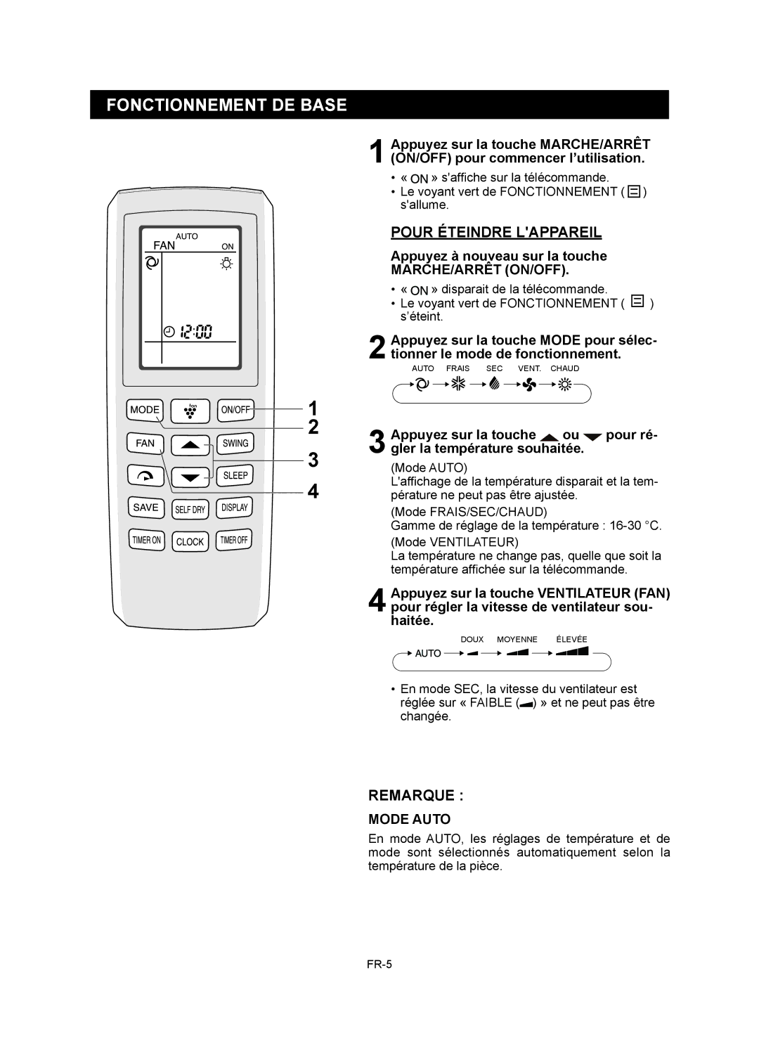 Sharp AY-XP9RMR, AY-XP12RMR, AE-X9RMR Fonctionnement DE Base, Pour Éteindre Lappareil, Marche/Arrêt On/Off, Mode Auto 