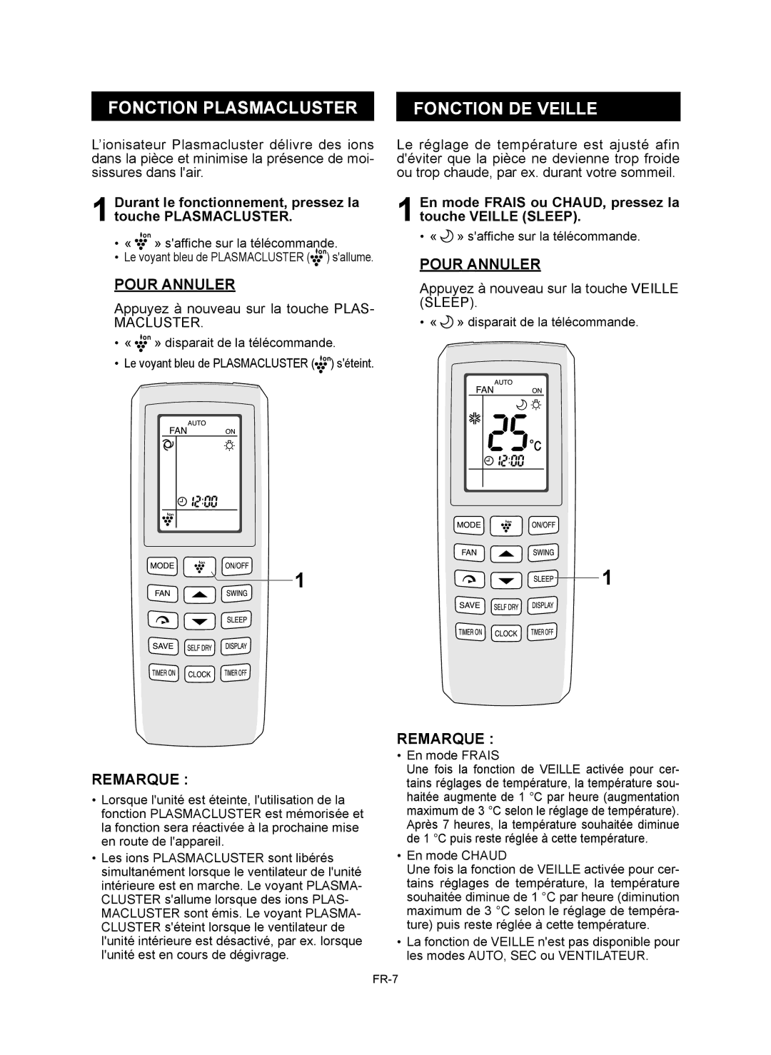 Sharp AE-X12RMR Fonction Plasmacluster Fonction DE Veille, Durant le fonctionnement, pressez la touche Plasmacluster 