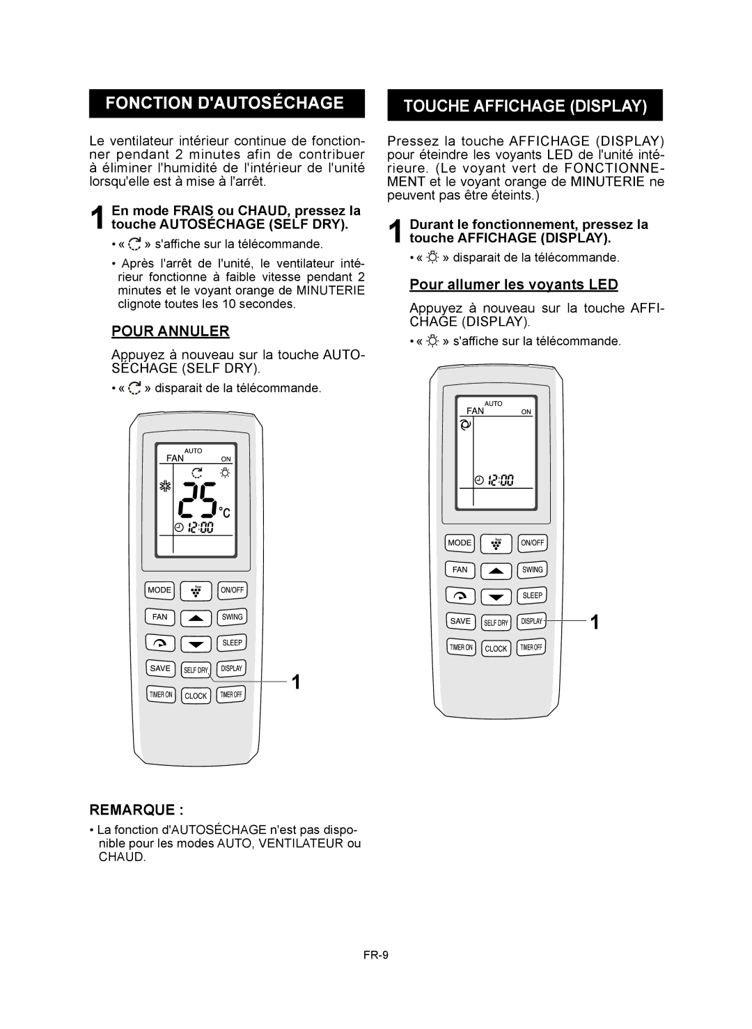 Sharp AY-XP9RMR, AY-XP12RMR, AE-X9RMR Fonction Dautoséchage Touche Affichage Display, Appuyez à nouveau sur la touche Auto 