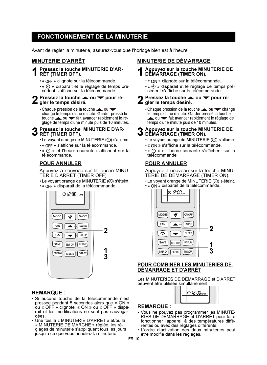 Sharp AE-X9RMR, AY-XP12RMR, AY-XP9RMR, AE-X12RMR Fonctionnement DE LA Minuterie, Minuterie Darrêt, Minuterie DE Démarrage 