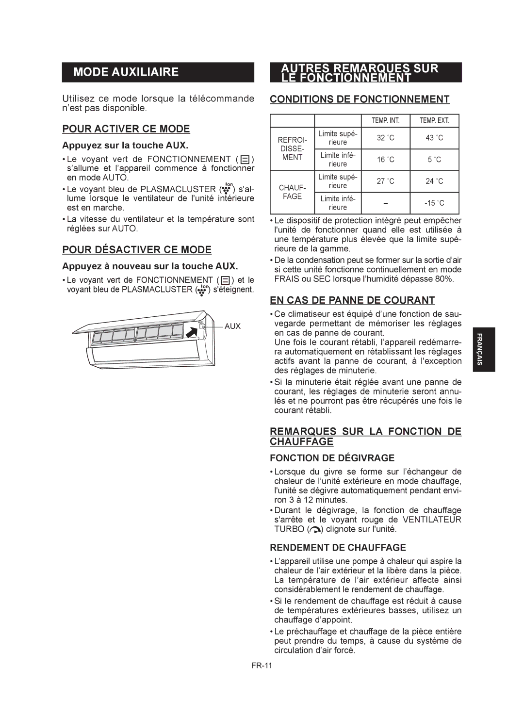 Sharp AE-X12RMR, AY-XP12RMR, AY-XP9RMR, AE-X9RMR operation manual Mode Auxiliaire, Autres Remarques SUR LE Fonctionnement 