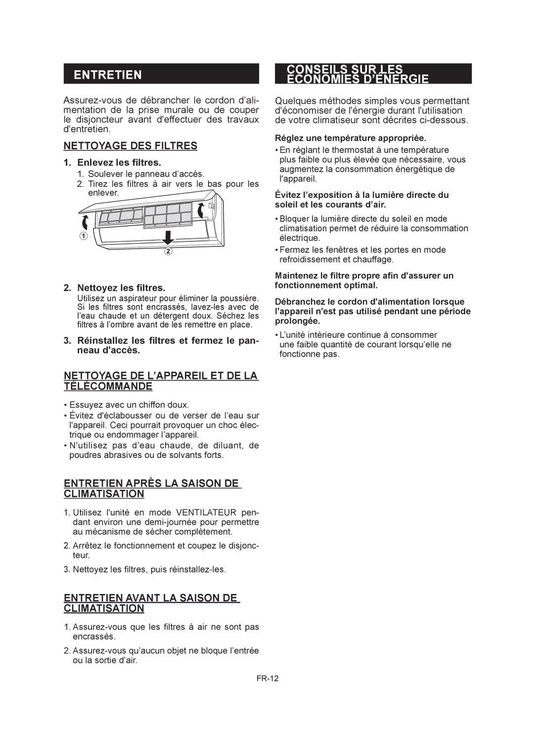 Sharp AY-XP12RMR, AY-XP9RMR, AE-X9RMR, AE-X12RMR operation manual Entretien, Conseils SUR LES Économies D’ÉNERGIE 