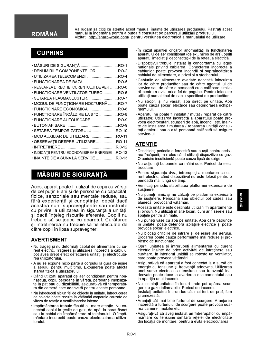 Sharp AE-X12RMR, AY-XP12RMR, AY-XP9RMR, AE-X9RMR operation manual Cuprins, Măsuri DE Siguranţă, Avertisment, Atenţie 