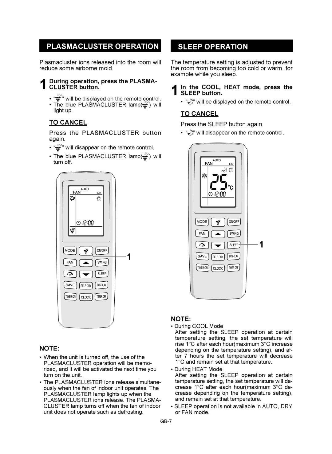 Sharp AY-XP9RMR, AY-XP12RMR Plasmacluster Operation, Sleep Operation, During operation, press the PLASMA- Cluster button 