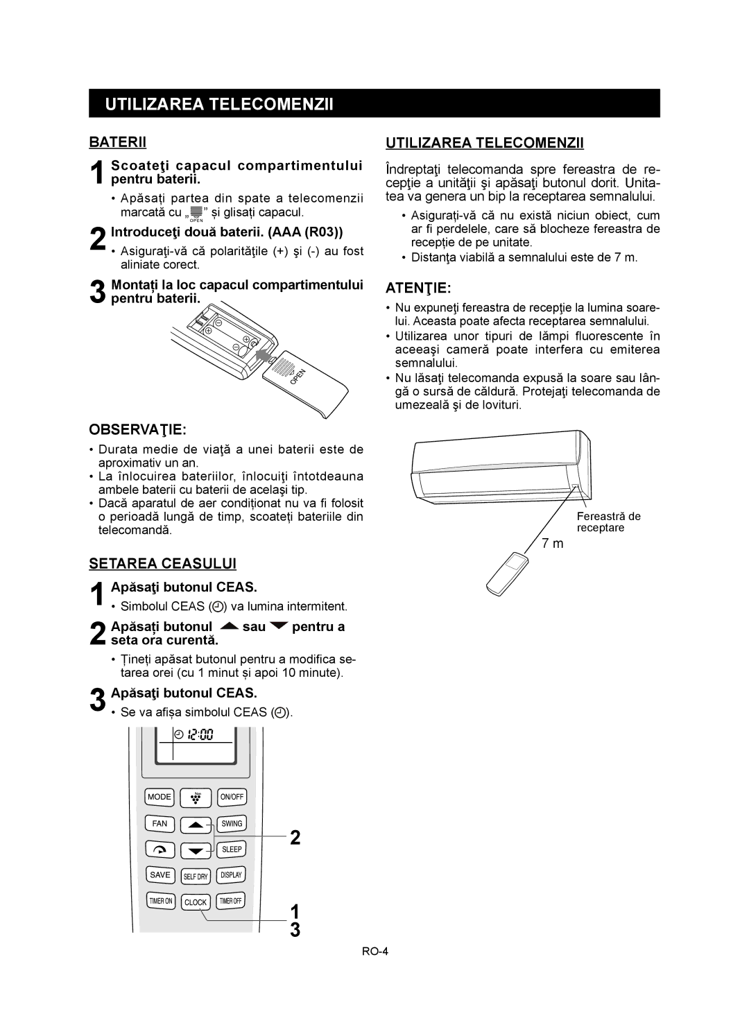 Sharp AE-X9RMR, AY-XP12RMR, AY-XP9RMR, AE-X12RMR operation manual Utilizarea Telecomenzii, Baterii, Setarea Ceasului 