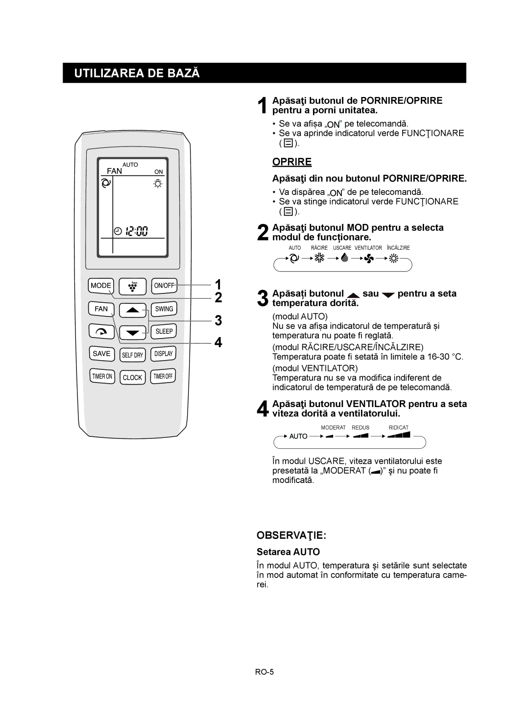 Sharp AE-X12RMR, AY-XP12RMR, AY-XP9RMR, AE-X9RMR operation manual Utilizarea DE Bază, Oprire 