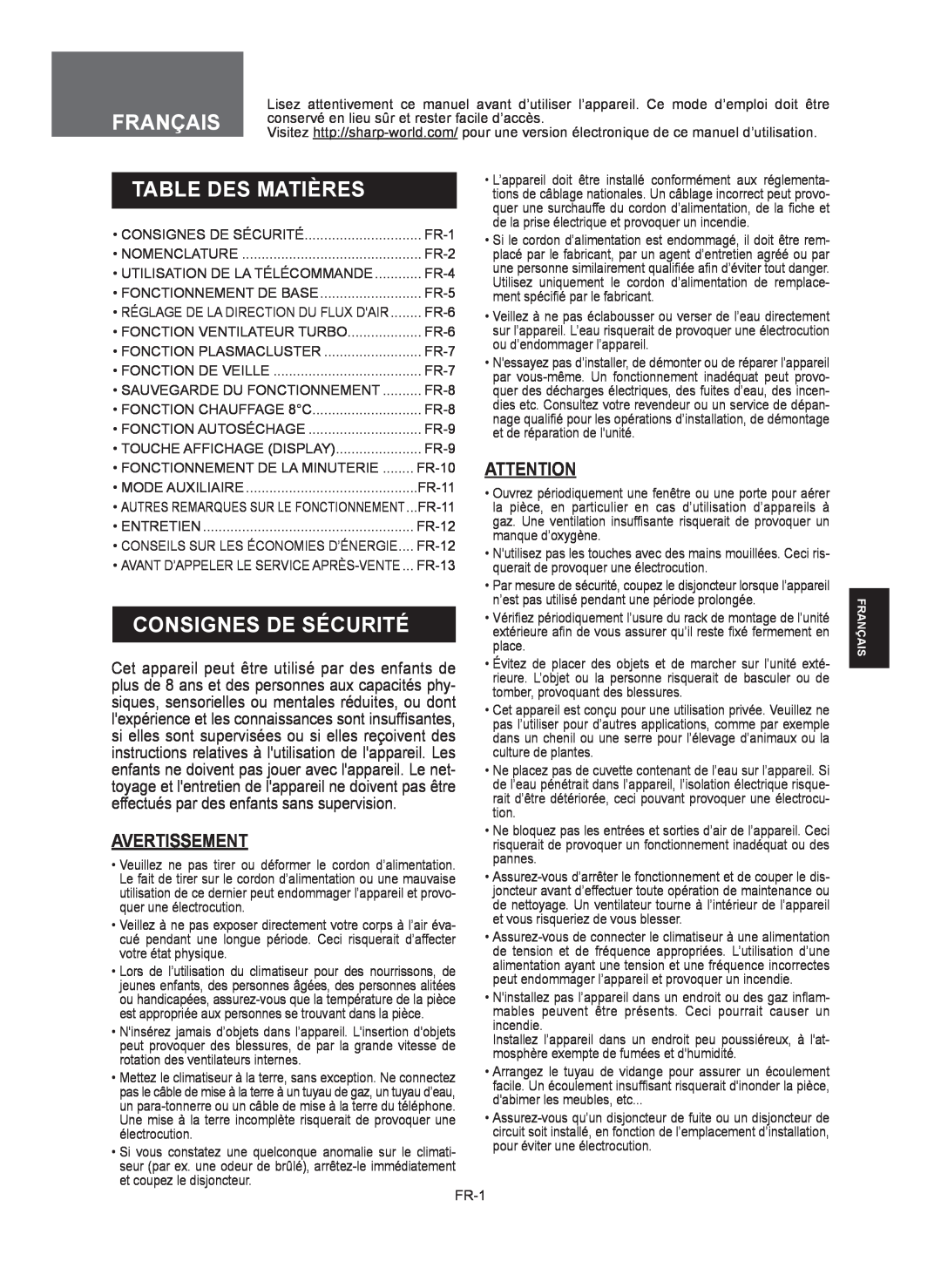 Sharp AY-XP9RMR Table Des Matières, Consignes De Sécurité, Avertissement, plus de 8 ans et des personnes aux capacités phy 