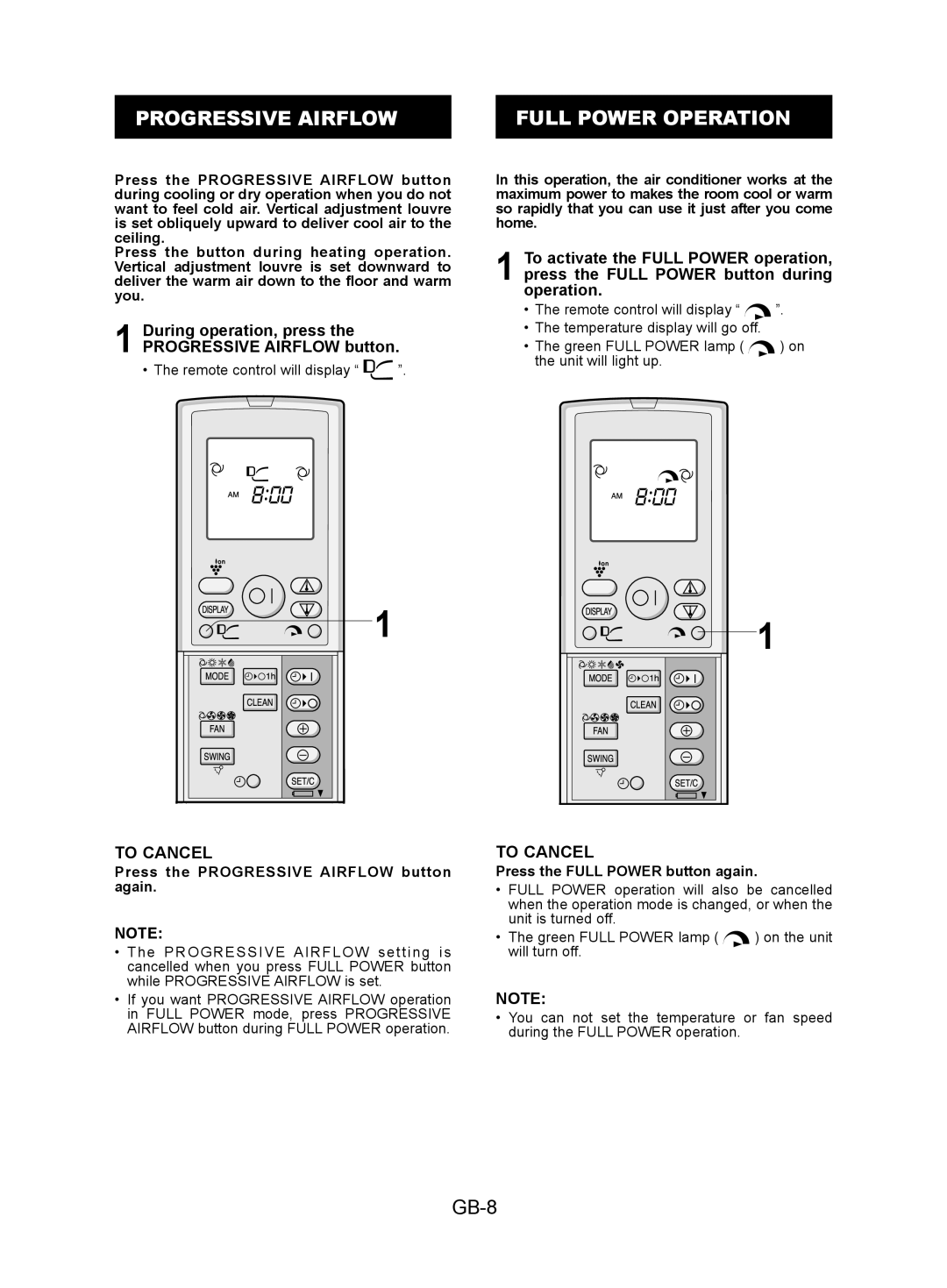 Sharp AY-XPC7JR, AY-XPC9JR, AY-XPC12JR operation manual Progressive Airflow Full Power Operation, GB-8, To Cancel 