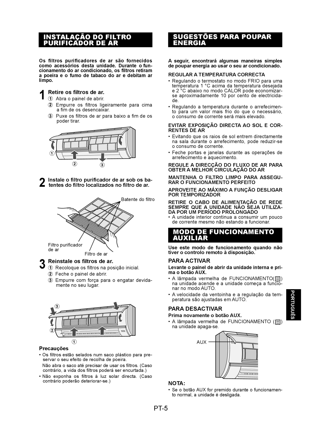 Sharp AY-XPC7JR Instalação do Filtro Purificador DE AR, Sugestões Para Poupar Energia, Modo DE Funcionamento Auxiliar 