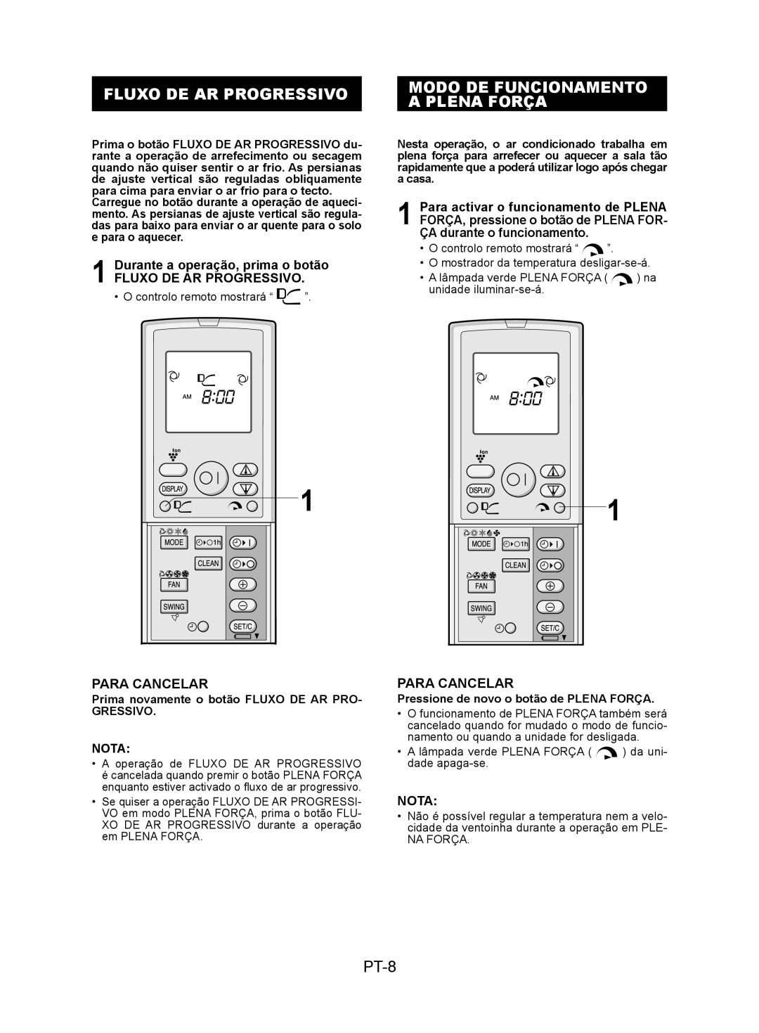 Sharp AY-XPC7JR, AY-XPC9JR, AY-XPC12JR Fluxo DE AR Progressivo Modo DE Funcionamento Plena Força, PT-8, Para Cancelar 