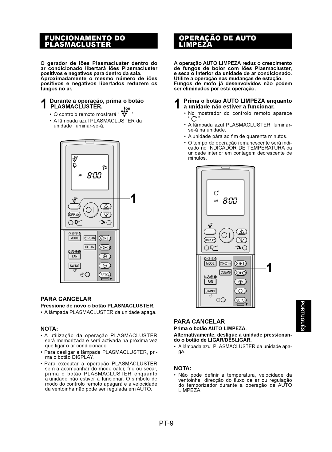 Sharp AY-XPC12JR Funcionamento do Operação DE Auto Plasmacluster Limpeza, PT-9, Pressione de novo o botão Plasmacluster 