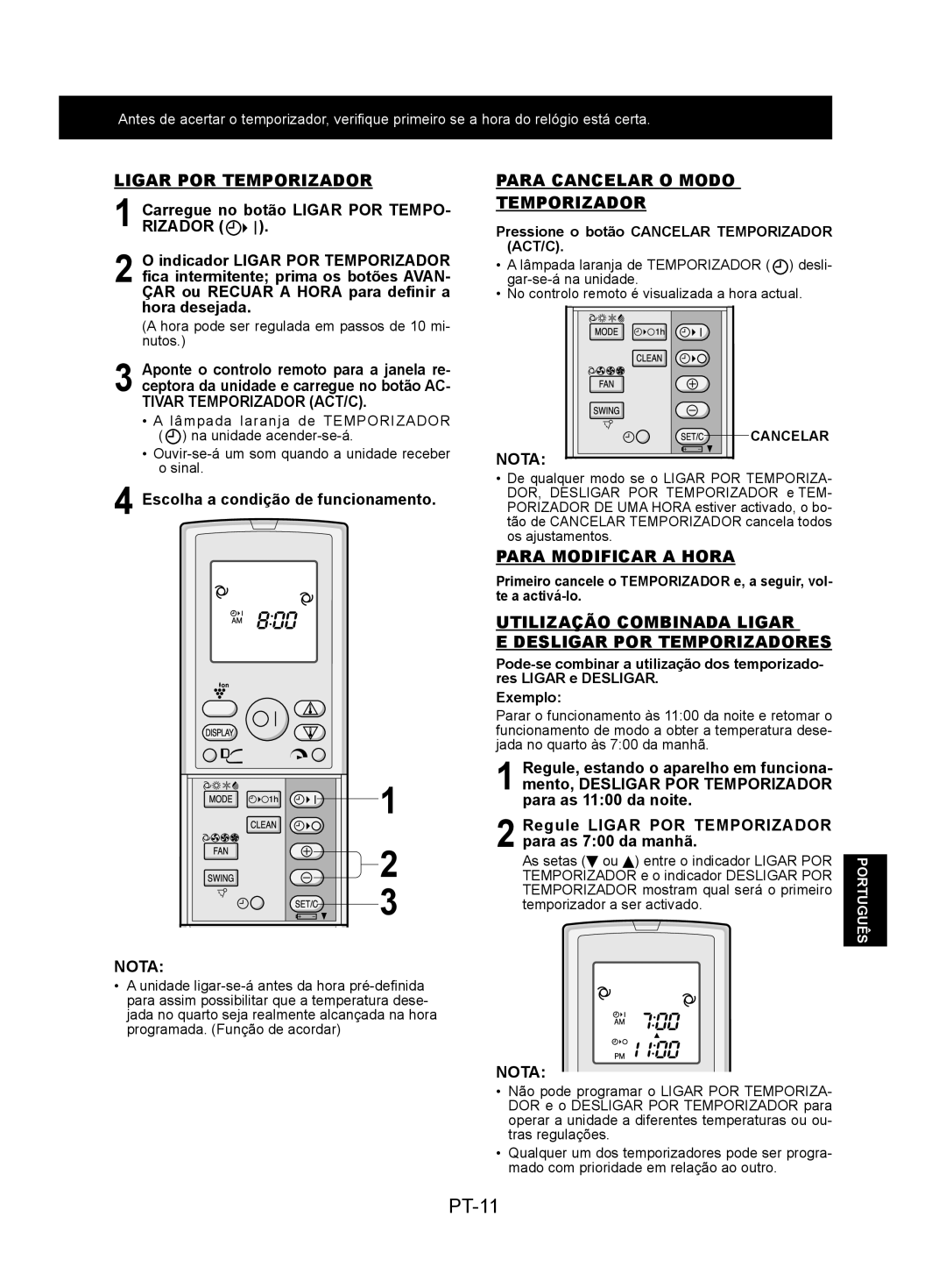 Sharp AY-XPC7JR, AY-XPC9JR PT-11, Ligar POR Temporizador, Para Cancelar O Modo Temporizador, Para Modificar a Hora 