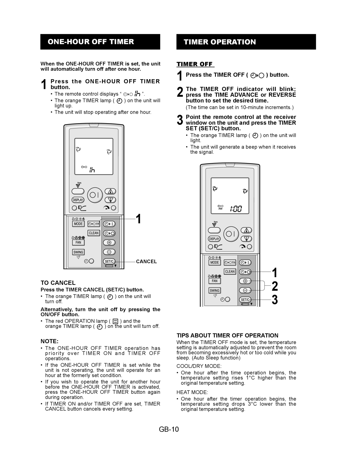 Sharp AY-XPC9JR, AY-XPC7JR, AY-XPC12JR ONE-HOUR OFF Timer, Timer Operation, GB-10, Tips about Timer OFF Operation 