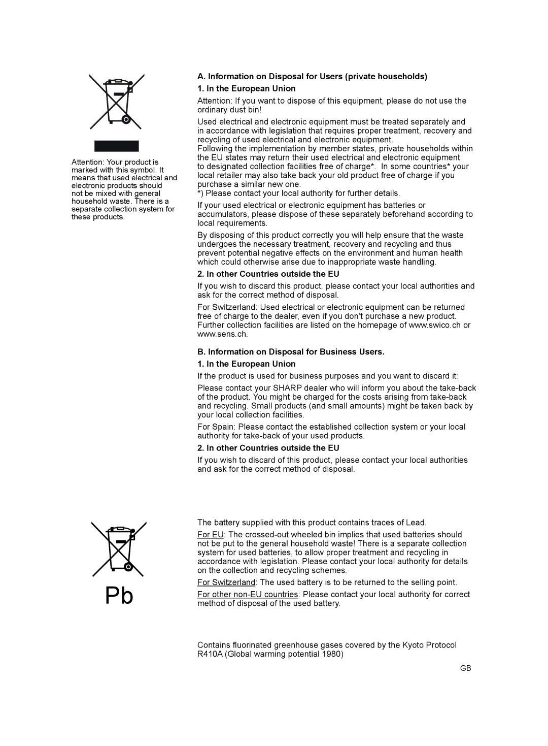 Sharp AY-XPC12JR, AY-XPC9JR, AY-XPC7JR operation manual Other Countries outside the EU 