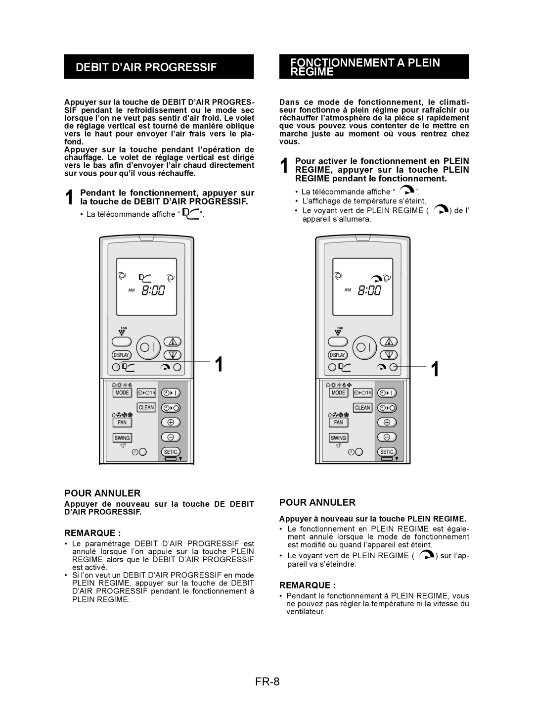 Sharp AY-XPC12JR, AY-XPC9JR, AY-XPC7JR Debit D’AIR Progressif Fonctionnement a Plein Regime, FR-8, Pour Annuler 