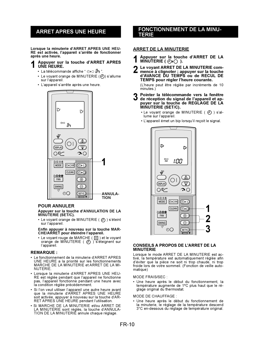 Sharp AY-XPC7JR, AY-XPC9JR Arret Apres UNE Heure, Fonctionnement DE LA MINU- Terie, FR-10, Arret DE LA Minuterie 