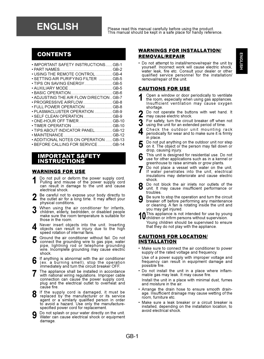 Sharp AY-XPC9JR, AY-XPC7JR, AY-XPC12JR operation manual Contents, Important Safety Instructions 