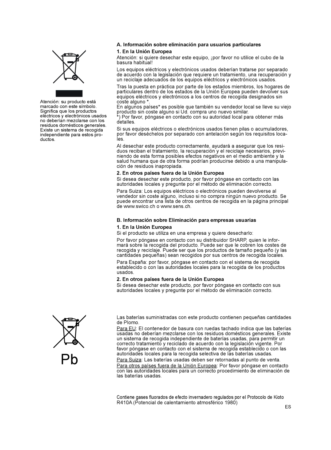 Sharp AY-XPC7JR, AY-XPC9JR, AY-XPC12JR operation manual En otros países fuera de la Unión Europea 