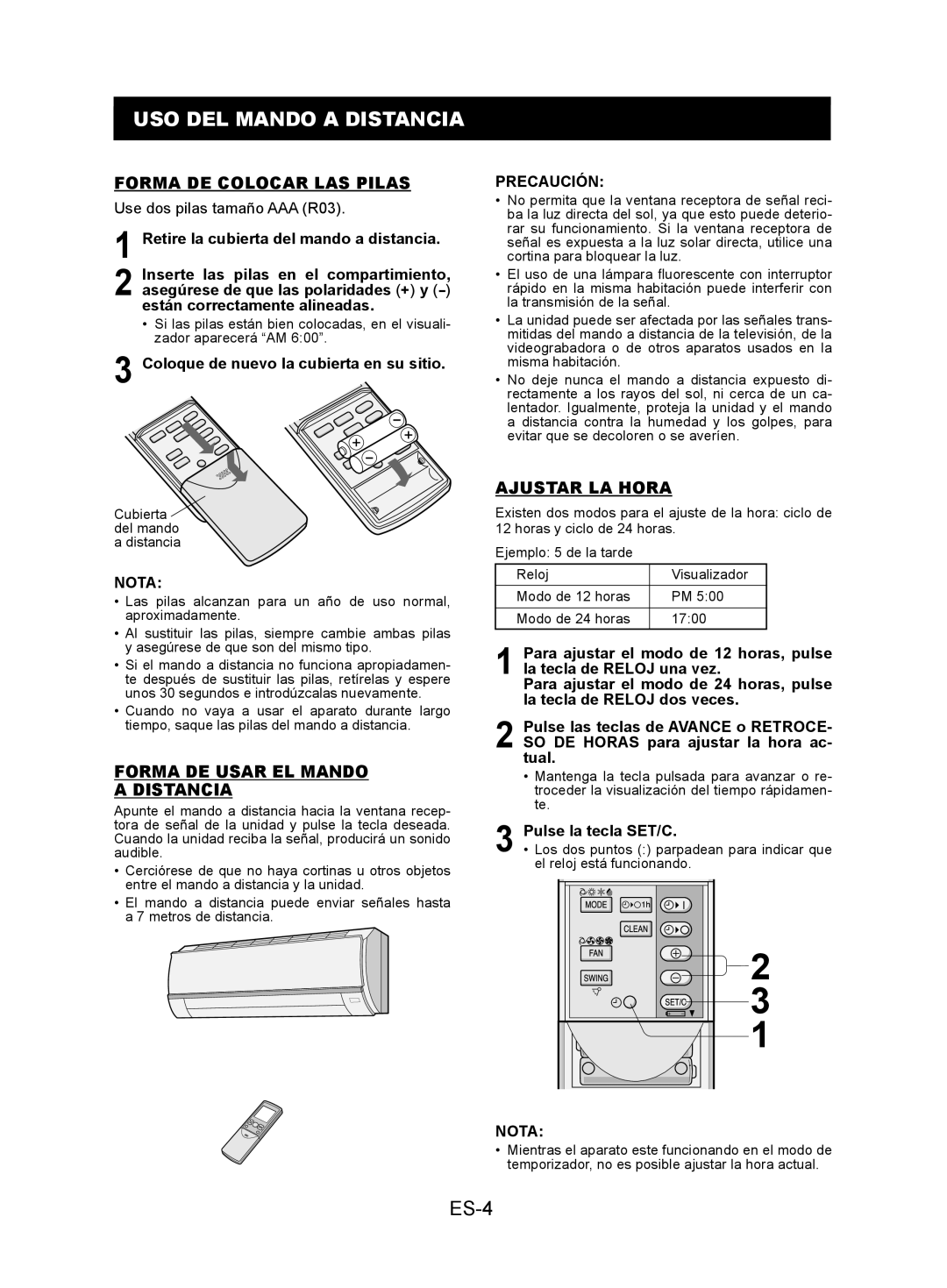 Sharp AY-XPC12JR, AY-XPC9JR USO DEL Mando a Distancia, ES-4, Forma DE Colocar LAS Pilas, Forma DE Usar EL Mando Distancia 