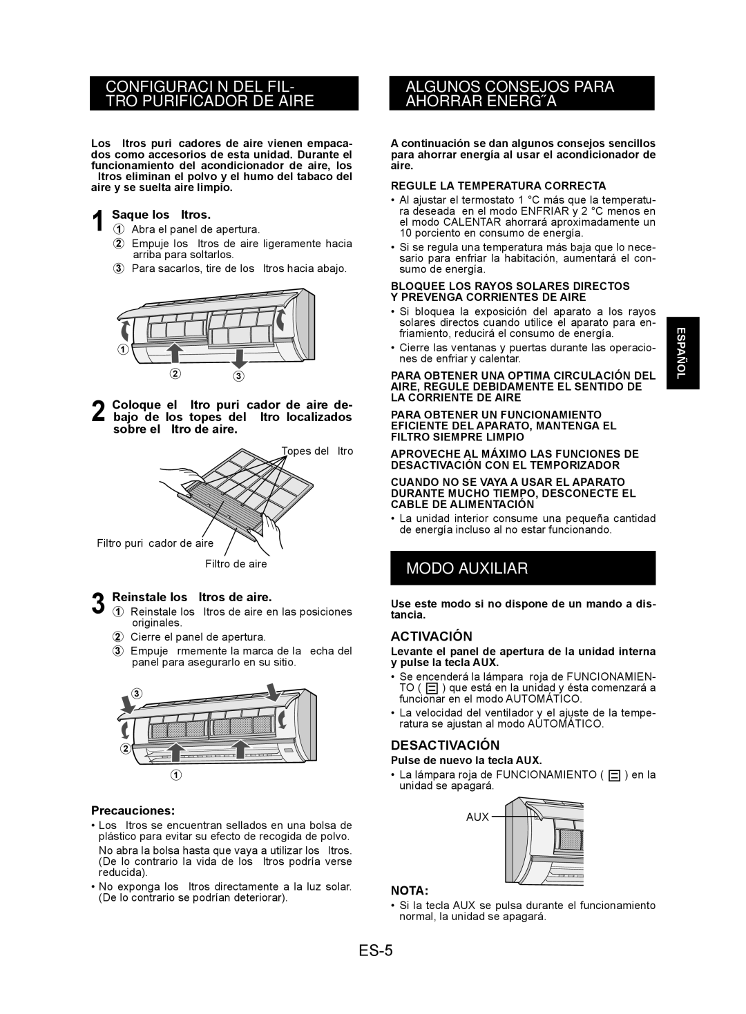 Sharp AY-XPC9JR Configuración DEL FIL- TRO Purificador DE Aire, Algunos Consejos Para Ahorrar Energía, Modo Auxiliar, ES-5 