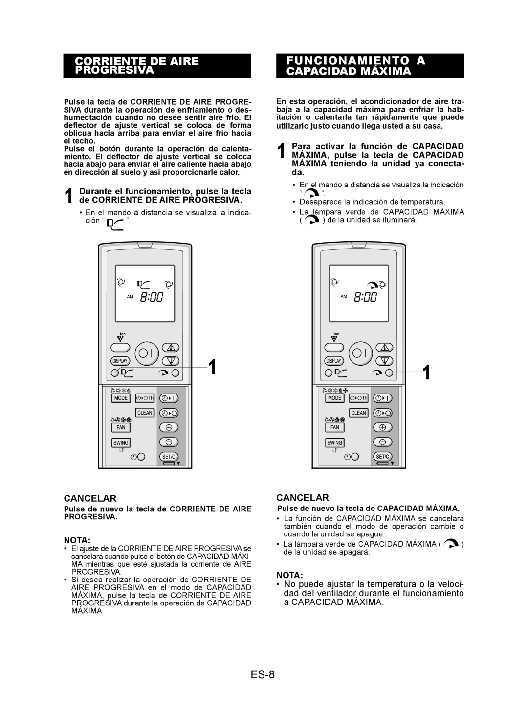 Sharp AY-XPC9JR, AY-XPC7JR, AY-XPC12JR Corriente DE Aire Progresiva, Funcionamiento a Capacidad Máxima, ES-8, Cancelar 