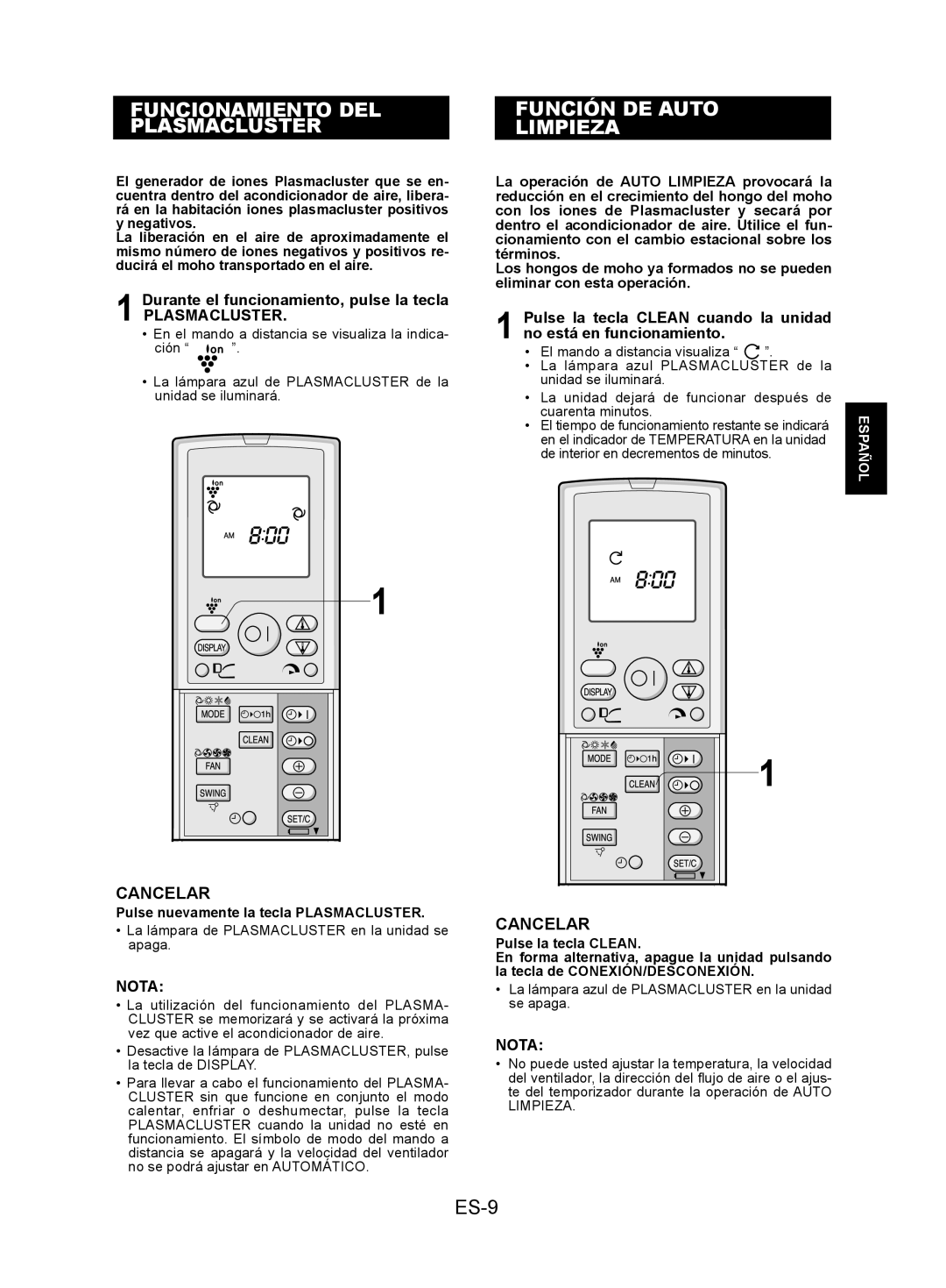 Sharp AY-XPC7JR, AY-XPC9JR, AY-XPC12JR operation manual Funcionamiento DEL Plasmacluster, Función DE Auto Limpieza, ES-9 