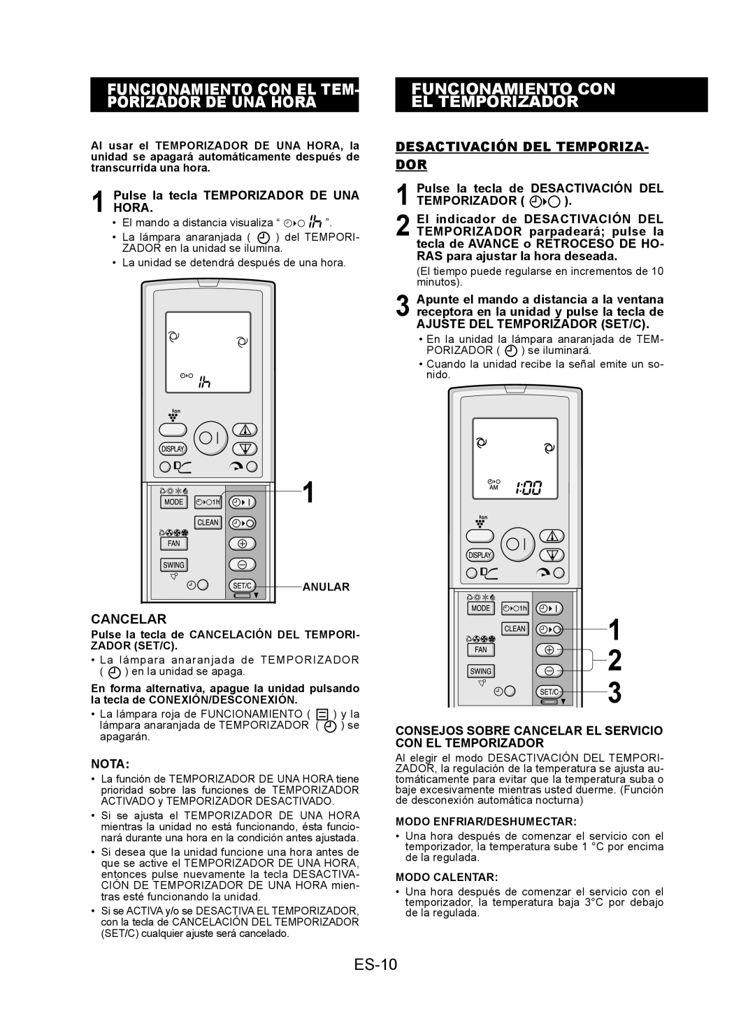 Sharp AY-XPC12JR, AY-XPC9JR, AY-XPC7JR Funcionamiento CON EL Temporizador, ES-10, Desactivación DEL TEMPORIZA- DOR 