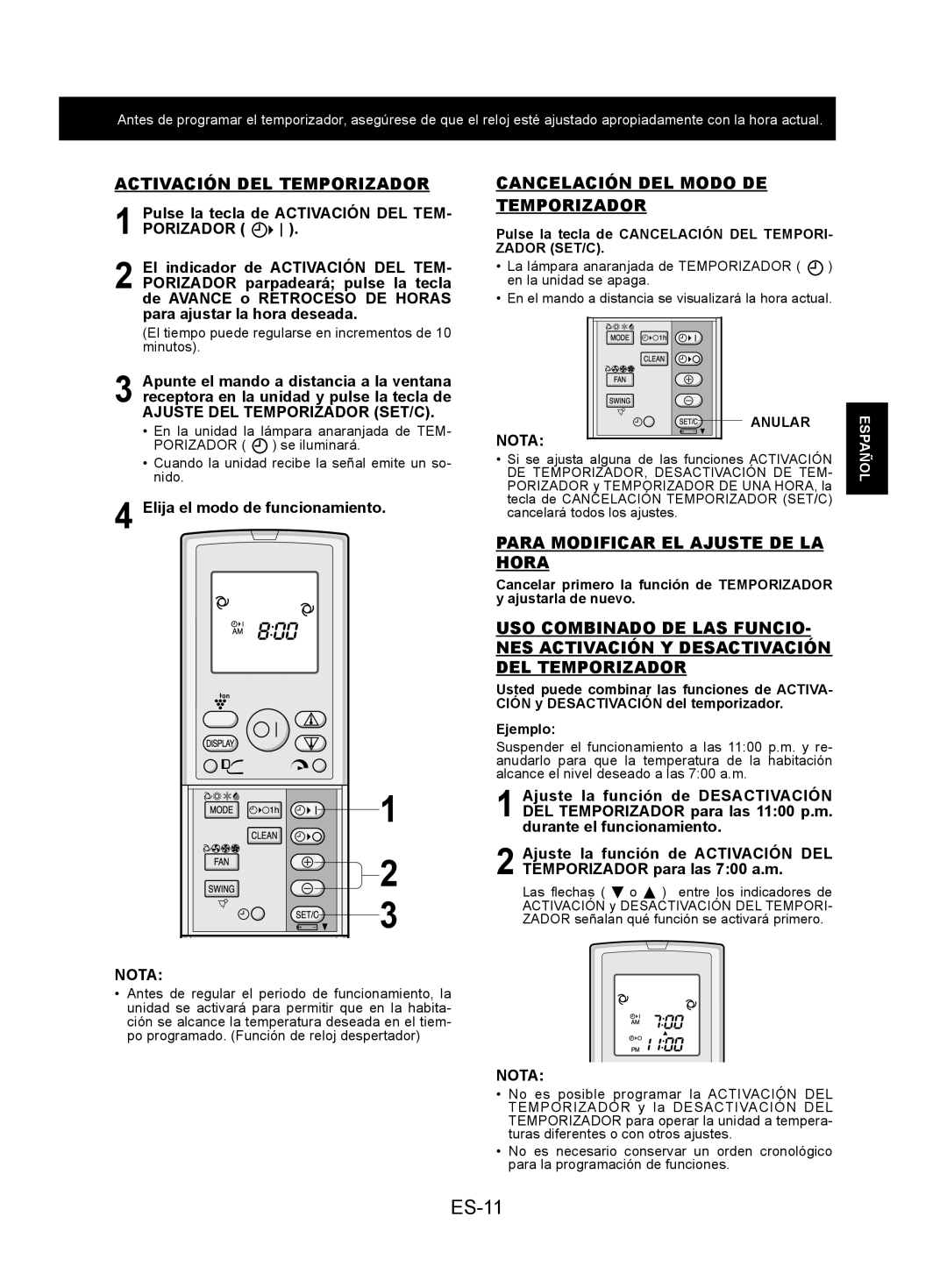 Sharp AY-XPC9JR, AY-XPC7JR, AY-XPC12JR ES-11, Activación DEL Temporizador, Cancelación DEL Modo DE Temporizador, Porizador 