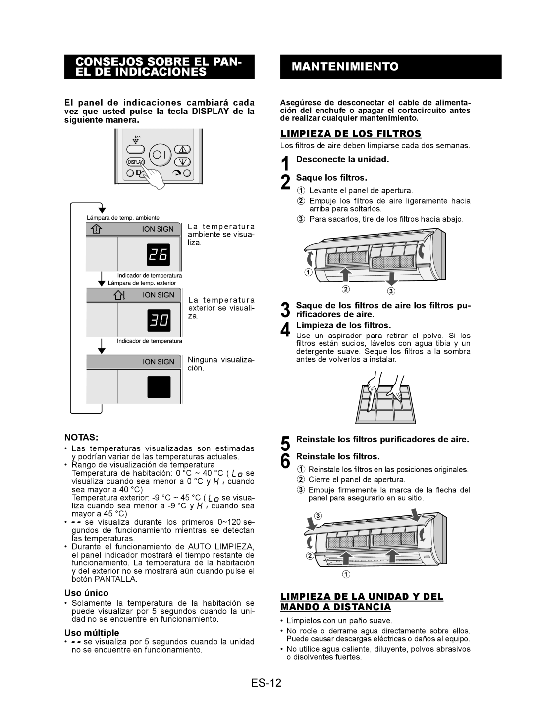 Sharp AY-XPC7JR, AY-XPC9JR Consejos Sobre EL PAN Mantenimiento EL DE Indicaciones, ES-12, Limpieza DE LOS Filtros, Notas 