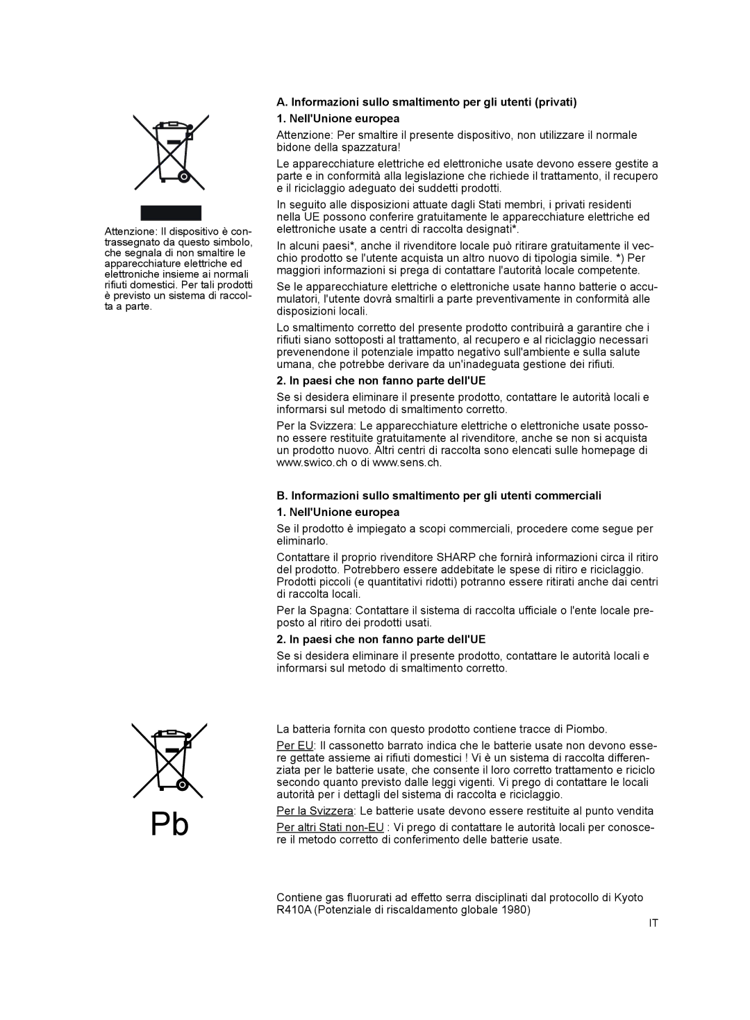 Sharp AY-XPC12JR, AY-XPC9JR, AY-XPC7JR operation manual Paesi che non fanno parte dellUE 