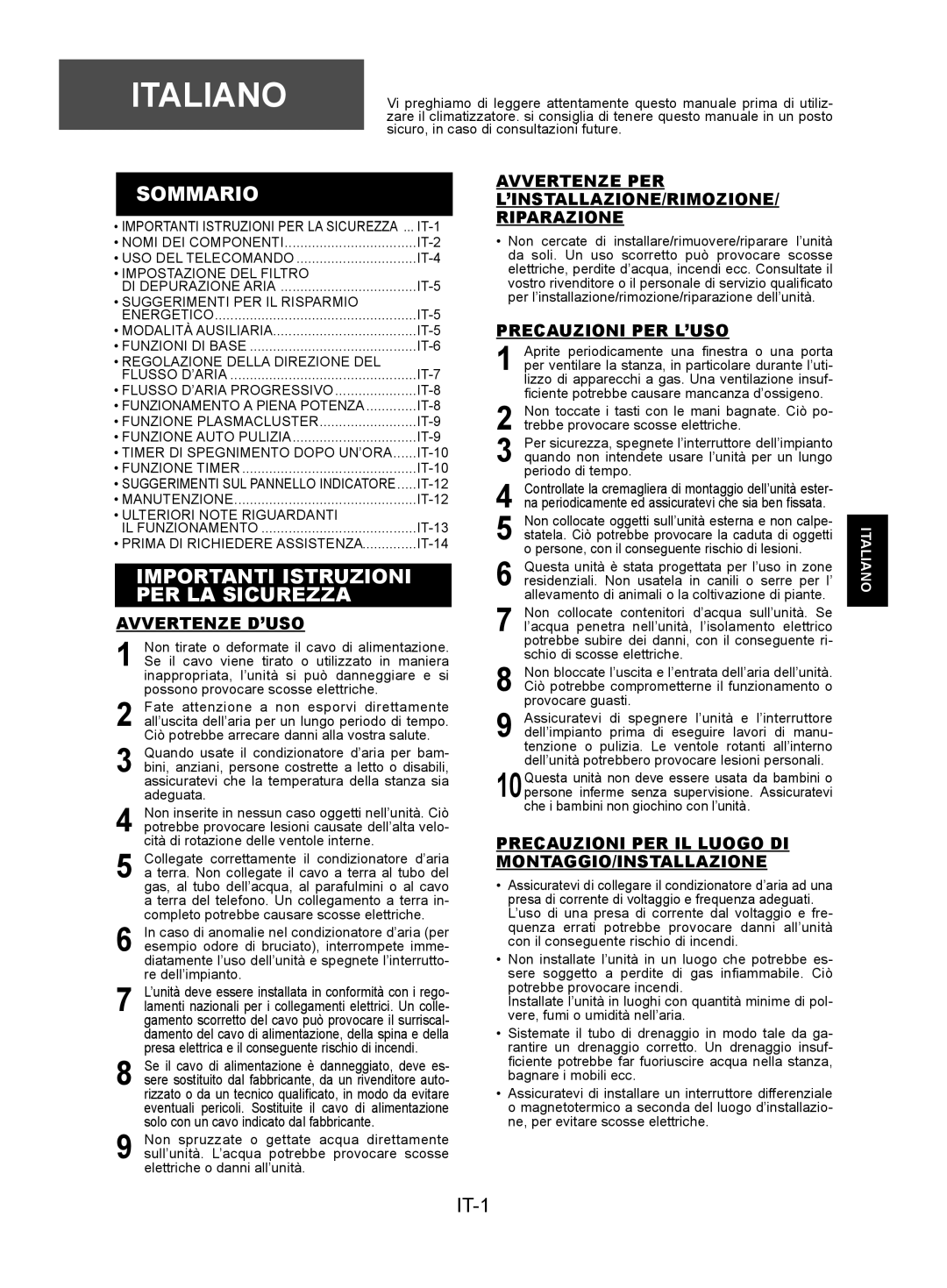 Sharp AY-XPC9JR, AY-XPC7JR, AY-XPC12JR operation manual Sommario, Importanti Istruzioni PER LA Sicurezza, IT-1 