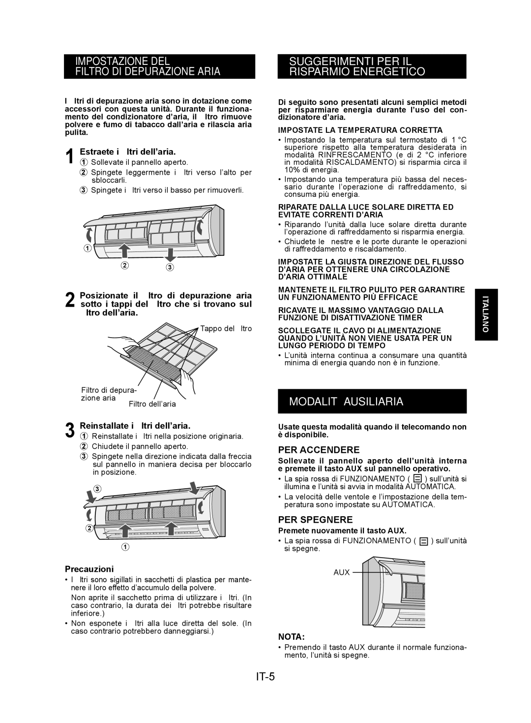 Sharp AY-XPC7JR Impostazione DEL Filtro DI Depurazione Aria, Suggerimenti PER IL Risparmio Energetico, Modalità Ausiliaria 