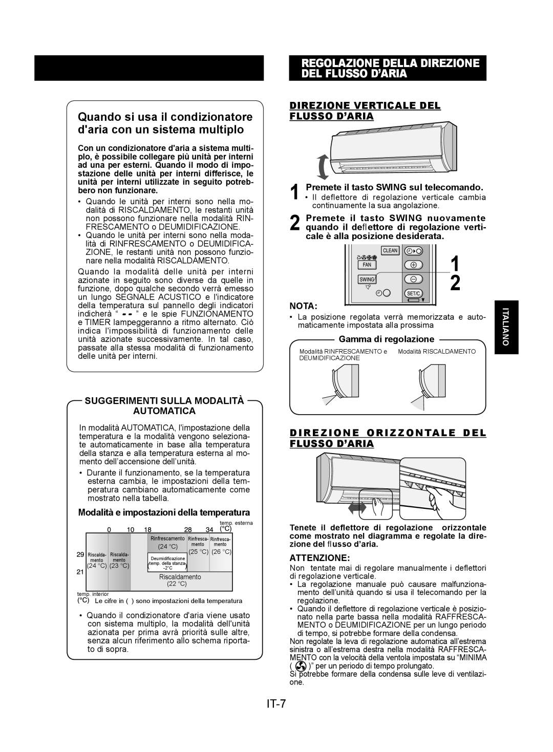 Sharp AY-XPC9JR, AY-XPC7JR, AY-XPC12JR IT-7, Direzione Verticale DEL Flusso D’ARIA, Suggerimenti Sulla Modalità Automatica 