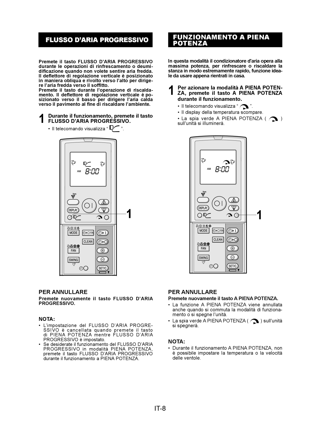 Sharp AY-XPC7JR, AY-XPC9JR, AY-XPC12JR Flusso D’ARIA Progressivo, Funzionamento a Piena Potenza, IT-8, PER Annullare 