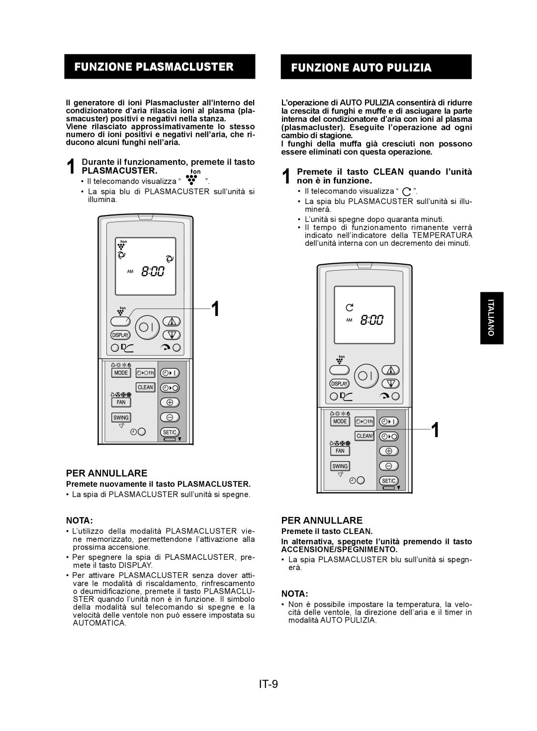 Sharp AY-XPC12JR, AY-XPC9JR Funzione Plasmacluster Funzione Auto Pulizia, IT-9, Plasmacuster, Accensione/Spegnimento 